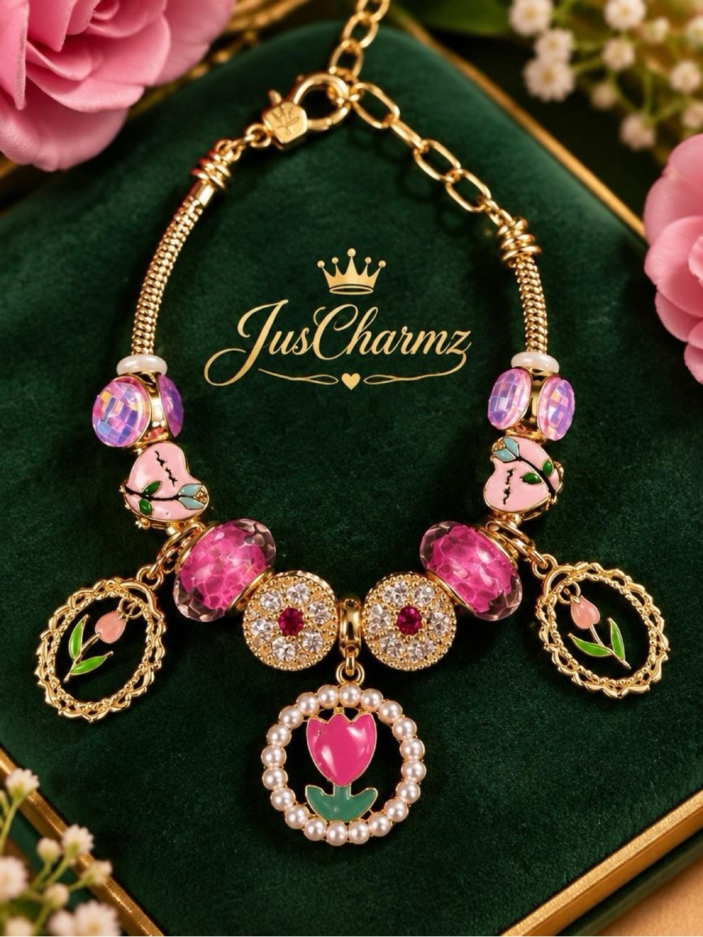 Coquette Pink Tulip & Rose Crystal Charm Bracelet | Sweet Floral Gift